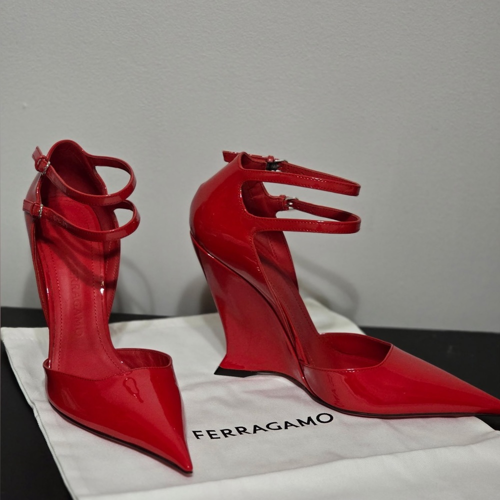 Salvatore Ferragamo Red Patent Leather Double-Strap Wedge Pumps